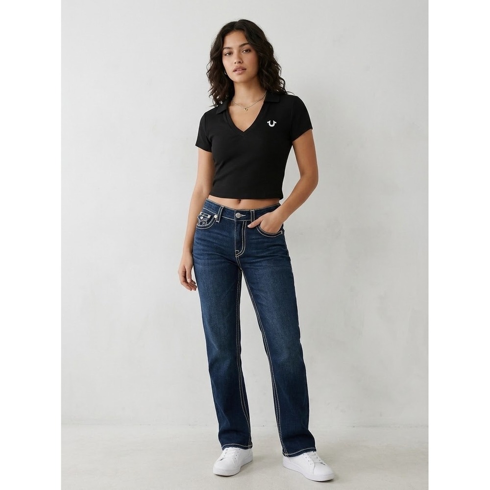 True Religion Womens HS Polo Deep V Rib Top Jet Black Horseshoe Logo 208669 XL